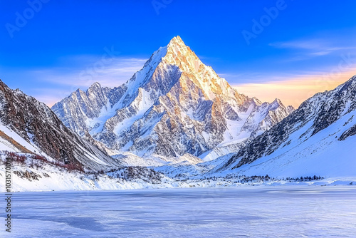 Wallpaper Mural During the golden hour of winter, snowy peaks are illuminated by the sunset, contrasting with the shadowed valley below Torontodigital.ca