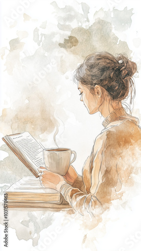 Woman reading a book while enjoying a warm beverage in a cozy atmosphere, illustrated in soft watercolor