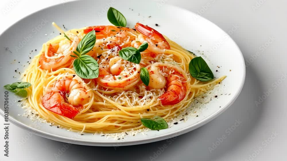 A plate of spaghetti with shrimp and basil, ready to be enjoyed A plate of spaghetti with shrimp and basil, ready to be enjoyed