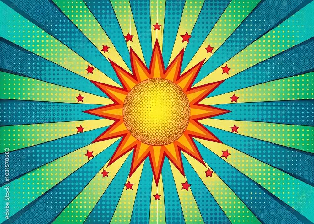 Fototapeta premium Retro Pop Art Sunburst Pattern in Blue and Green Stripes for High-Quality Stock Image