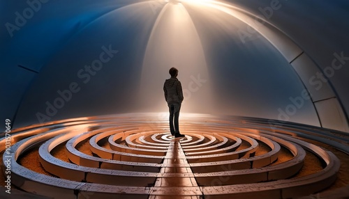 Abstract red 3D vector illustration of a person in the center of a round labyrinth, symbolizing the challenge of finding a way to success in business