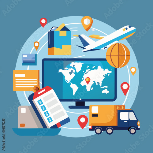 Global Logistics, delivery isometric seamless pattern. Line 3d icon, people character, arrows. Distribution, business infograph. Vector background teamwork concept illustration. Import, export journey