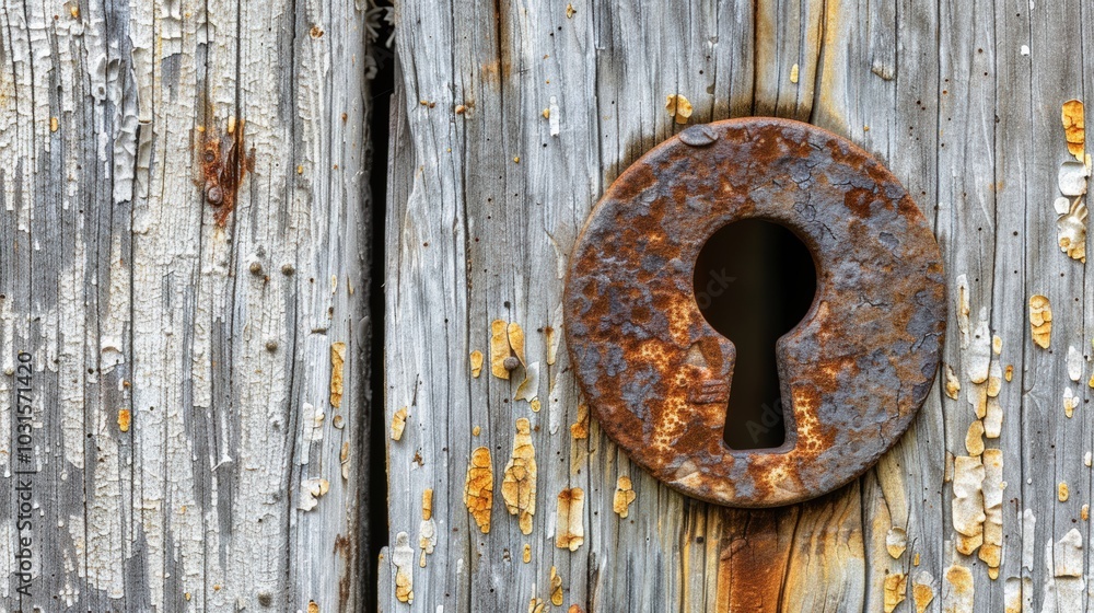 Rusty Keyhole in Weathered Wooden Plank Rusty Keyhole in Weathered Wooden Plank