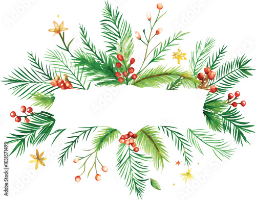 Wallpaper Mural Watercolor Christmas Wreath with Berries and Banner Torontodigital.ca