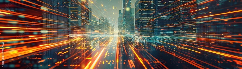 Fototapeta premium Create a striking graphic of a side view of a futuristic cityscape with giant, glowing data streams intertwining skyscrapers, portrayed in a sleek, digital art style