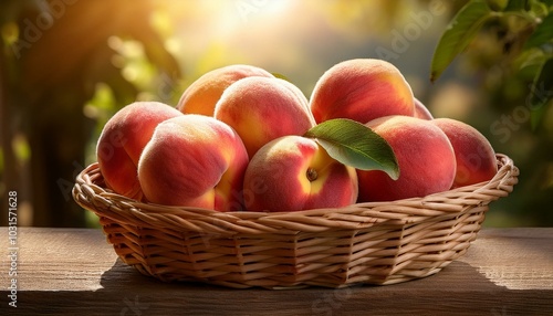 A bundle of ripe peaches with fuzzy skins, placed in a woven basket on a sunlit porch.