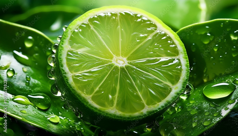 A close-up of a freshly sliced lime with drops of juice glistening, against a backdrop of vibrant green leaves. A close-up of a freshly sliced lime with drops of juice glistening, against a backdrop of vibrant green leaves.