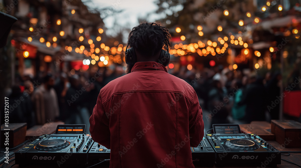 Obraz premium Wallpaper Depicting A Crowded Dance Floor With People Enjoying Music Under Swirling Lights, Highlighting The Connection Between The Dj And The Audience