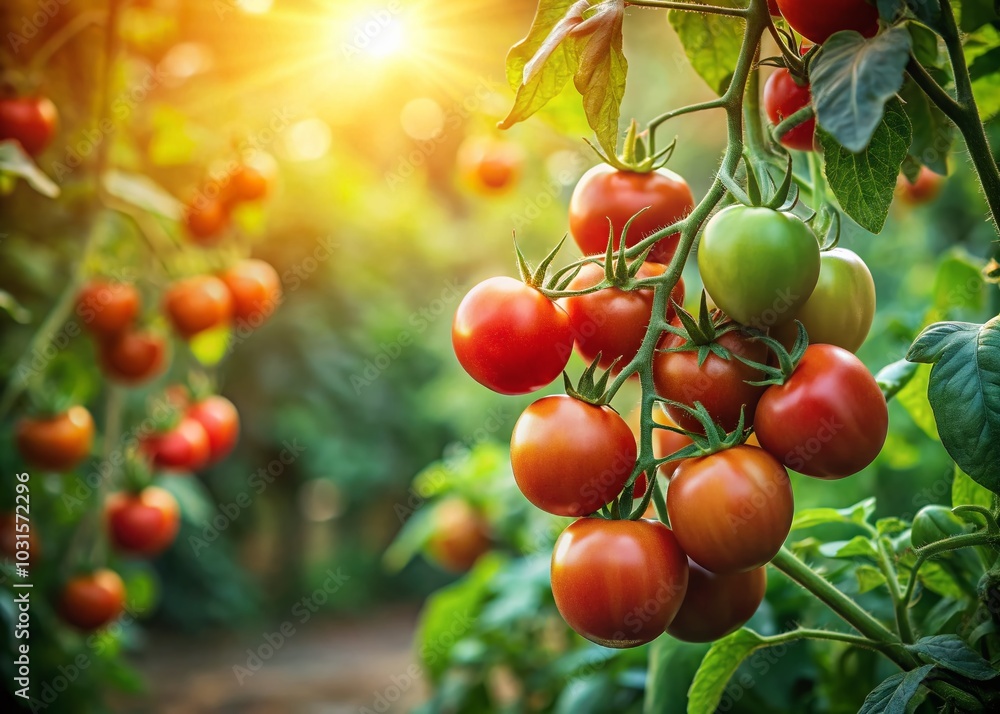 Ripe Organic Tomatoes on the Vine in Low Light - Perfect for Garden Lovers and Healthy Eating Enthusiasts Ripe Organic Tomatoes on the Vine in Low Light - Perfect for Garden Lovers and Healthy Eating Enthusiasts