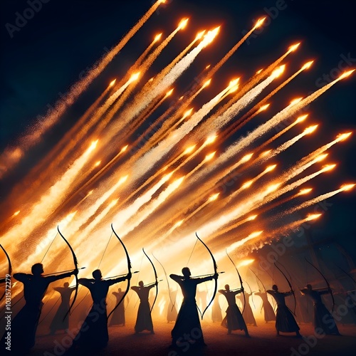 The archers shot lots of fire arrows into the air.