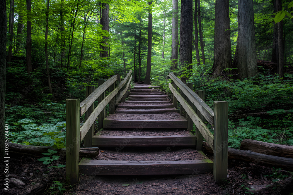 Fototapeta premium Wooden forest path bridge amidst lush green trees in serene woodland, ideal for nature walks, hiking, and peaceful escapes in natural beauty