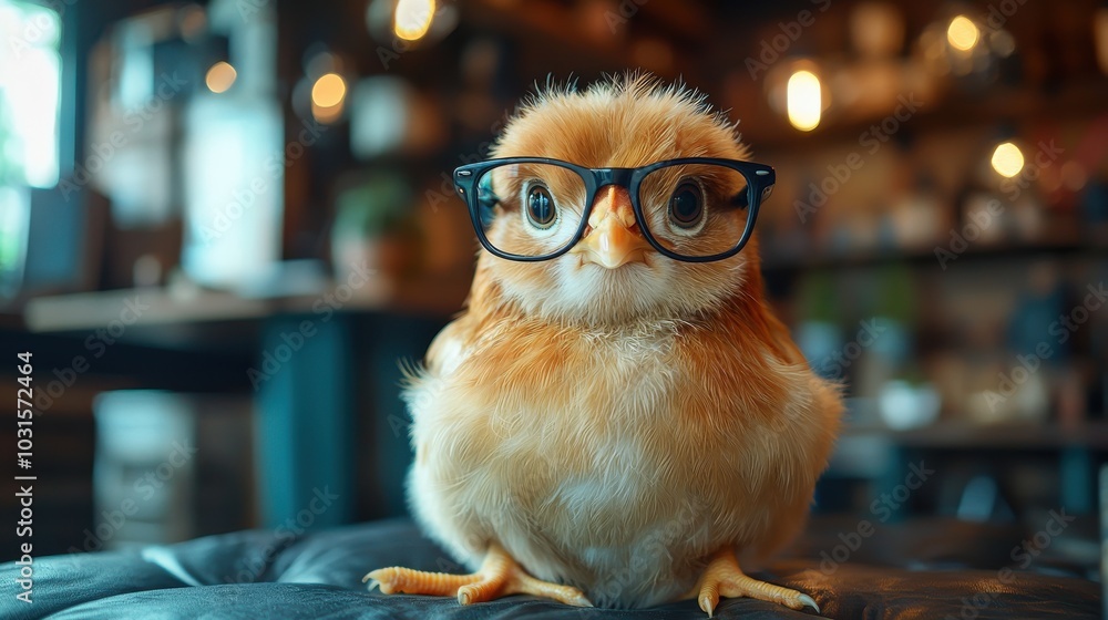 A cute young owl wearing glasses sits confidently in a cozy café surrounded by rustic decor and warm lighting during the afternoon A cute young owl wearing glasses sits confidently in a cozy café surrounded by rustic decor and warm lighting during the afternoon