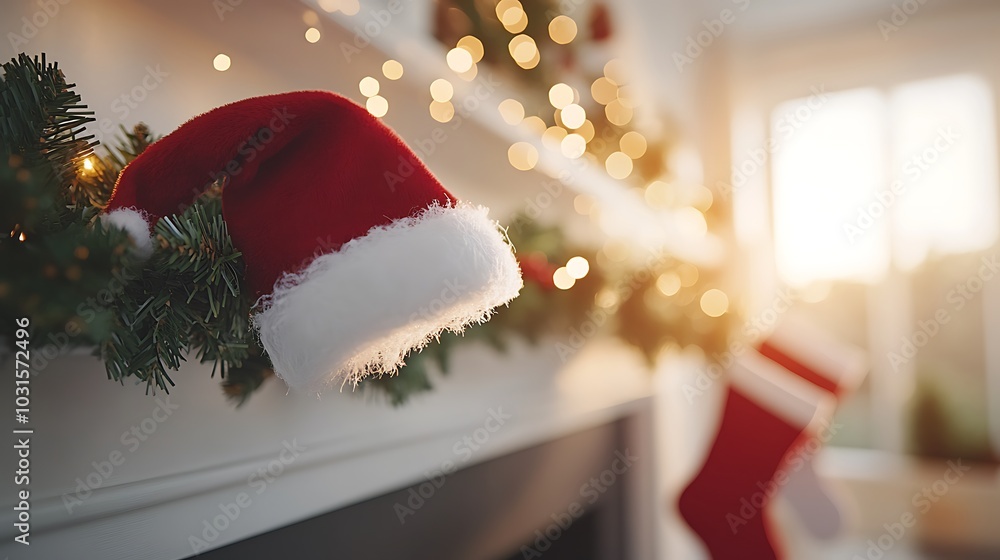 Fototapeta premium Artistic Santa Hat Hanging on Cozy Garland