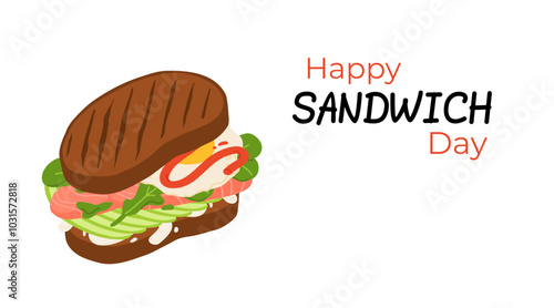 National Sandwich Day banner with colorful sandwiches filled with fresh vegetables, cheese and meat. Design for holiday promotions, or culinary projects.