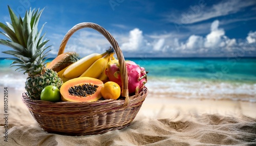 A vibrant tropical paradise with a basket of assorted fruits, featuring pineapples, mangoes, and papayas, set against a crystal-clear beach background.