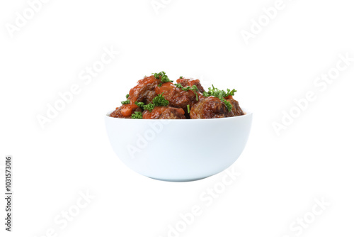 PNG, meatballs in a plate, isolated on white background.