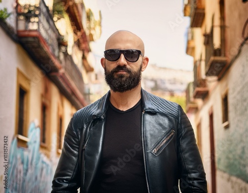 Calvicie y estilo: hombre calvo con barba y gafas de sol, posando en un entorno urbano.