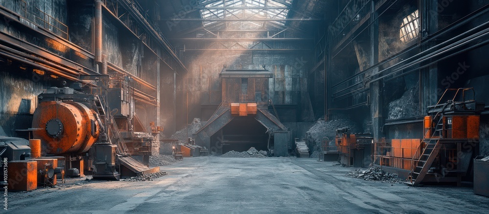 Fototapeta premium An empty industrial warehouse with sunlight shining through the ceiling and machinery on either side of the frame.