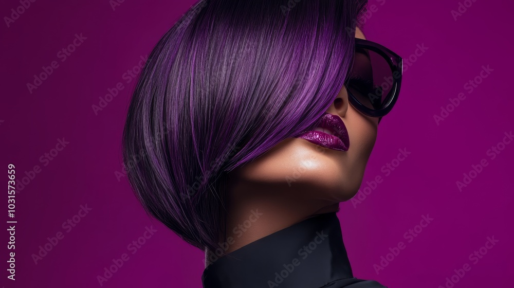 Fototapeta premium Stylish model with purple hair and sunglasses poses against a vibrant pink backdrop in an artistic fashion shoot