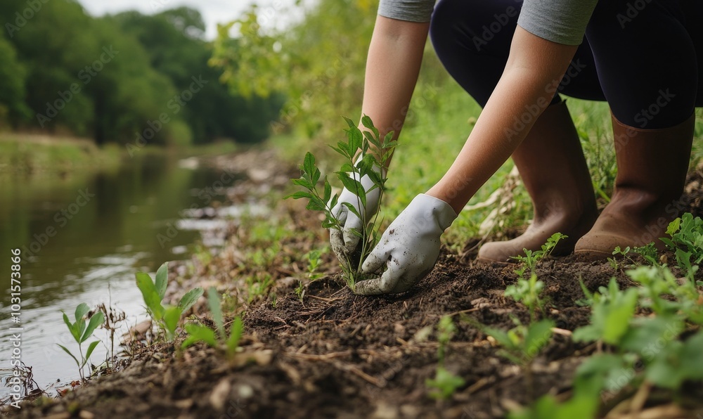 Person planting a sapling by a river. Person planting a sapling by a river.