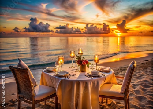 Wallpaper Mural Romantic Beach Sunset Dinner for Two with Luxurious Food and Champagne Torontodigital.ca
