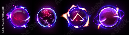 Blue and purple magic glowing balls with light effect. Realistic 3d vector illustration set of fantasy power sphere with thunderbolt and fire flames, plasma and sparkles. Fantasy lightening orb.