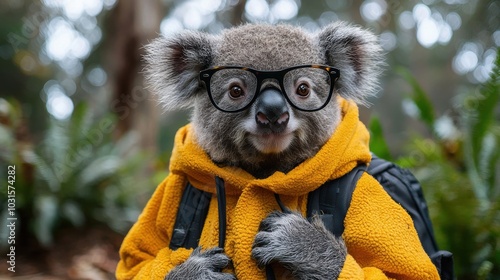 A koala wearing glasses and a yellow hoodie poses with a backpack in a forest setting during daylight photo