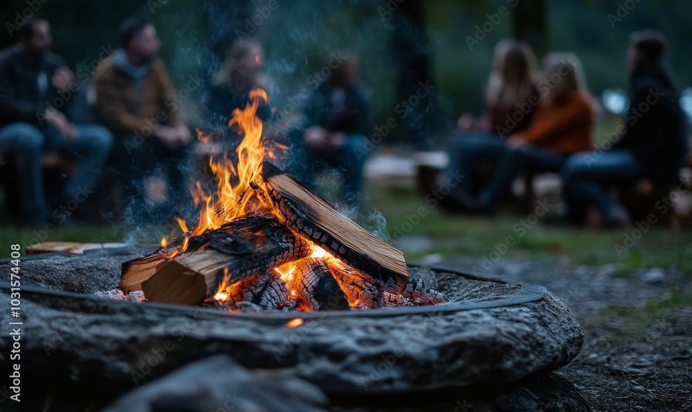 A campfire with people blurred in the background. A campfire with people blurred in the background.
