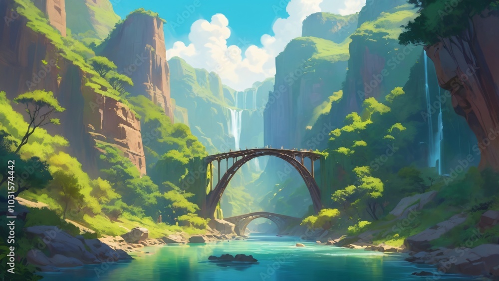 Majestic Waterfall and Stone Bridge in Lush Green Canyon Majestic Waterfall and Stone Bridge in Lush Green Canyon