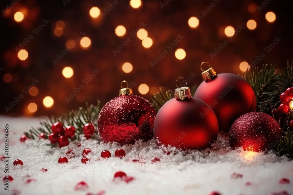 Obraz premium Festive Christmas Background with Red Baubles and Pine Cones