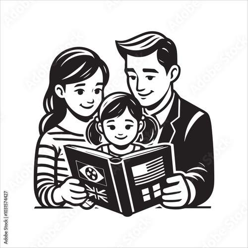 Daughter is reading book to her international parents vector illustration silhouette