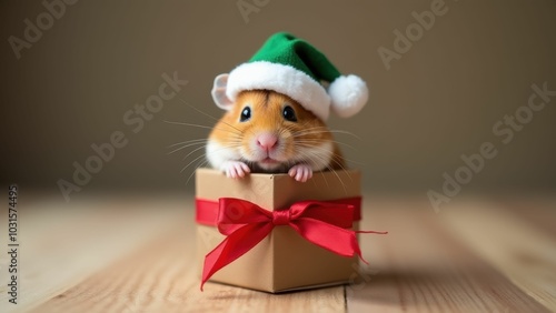 Hamster wearing green santa hat sitting in a gift box with festive decor