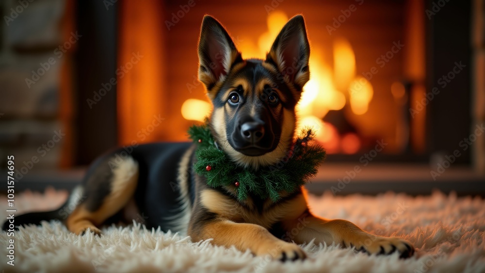 Obraz premium German shepherd puppy with wreath resting near cozy fireplace