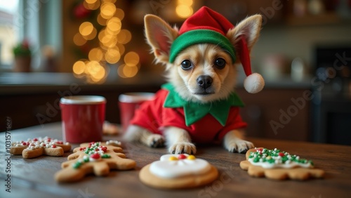 Small dog wearing elf costume next to christmas cookies and holiday lights