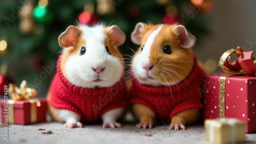 Two guinea pigs wearing festive sweaters sitting in front of holiday tree