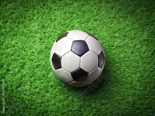 Classic Soccer Ball on Lush Green Grass - Top View Image for Sports Enthusiasts, Soccer Fans, and Event Promotions - Perfect for Banners, Posters, and Social Media Content