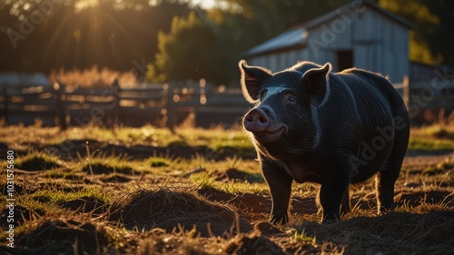 A black pig with a white patch on its face stands in a field at sunset.