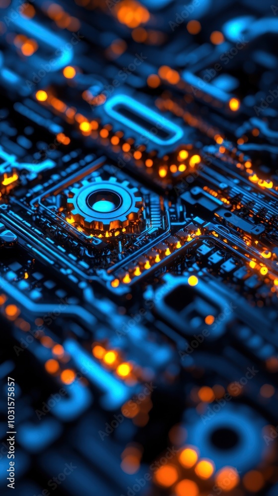Fototapeta premium Abstract close-up of a circuit board with glowing elements in blue and orange, showcasing technology and innovation.