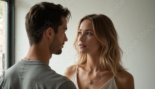 Couple with intense gaze sharing intimate moment against neutral background