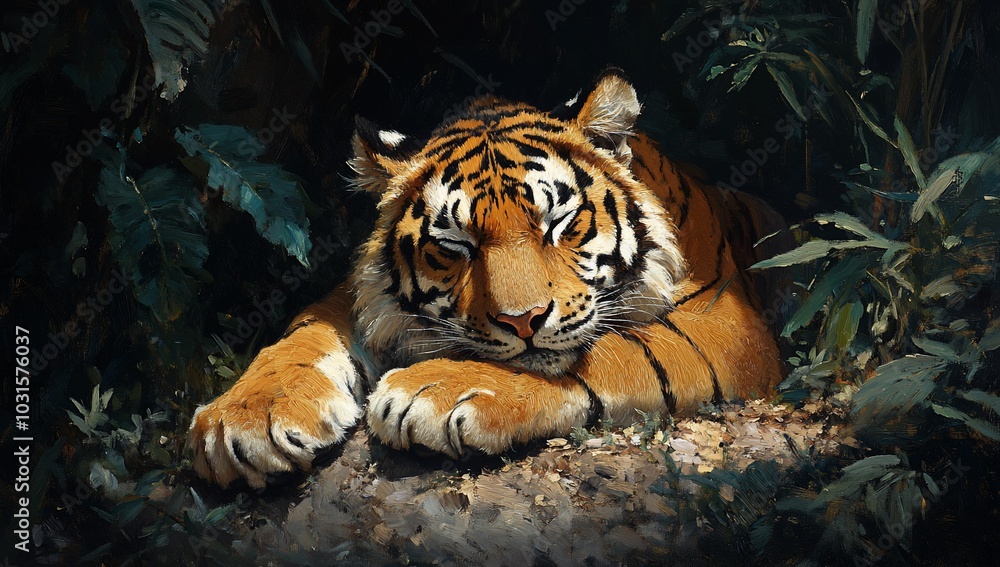 A resting tiger blends into its lush, green surroundings, showcasing its powerful presence. A resting tiger blends into its lush, green surroundings, showcasing its powerful presence.