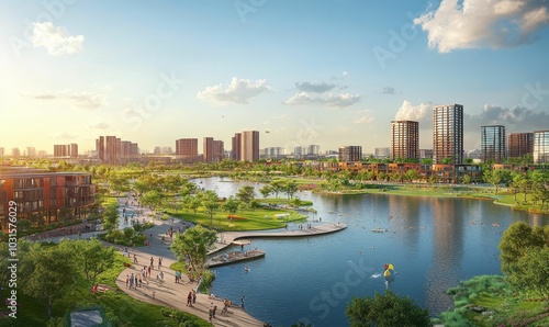 City skyline with lake, park, and people.