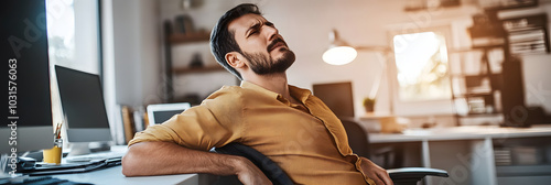 Young professional man in office suffering from back pain, stretching and leaning back in chair, highlighting work-related stress, discomfort, and the need for ergonomic support

 photo