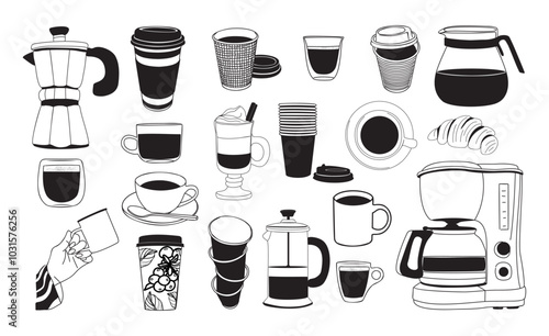 Set of different coffee elements, Coffee cups, croissant, coffee pot, coffee machine, french press. Collection of Hand drawn doodle line art vector illustrations isolated on transparent background