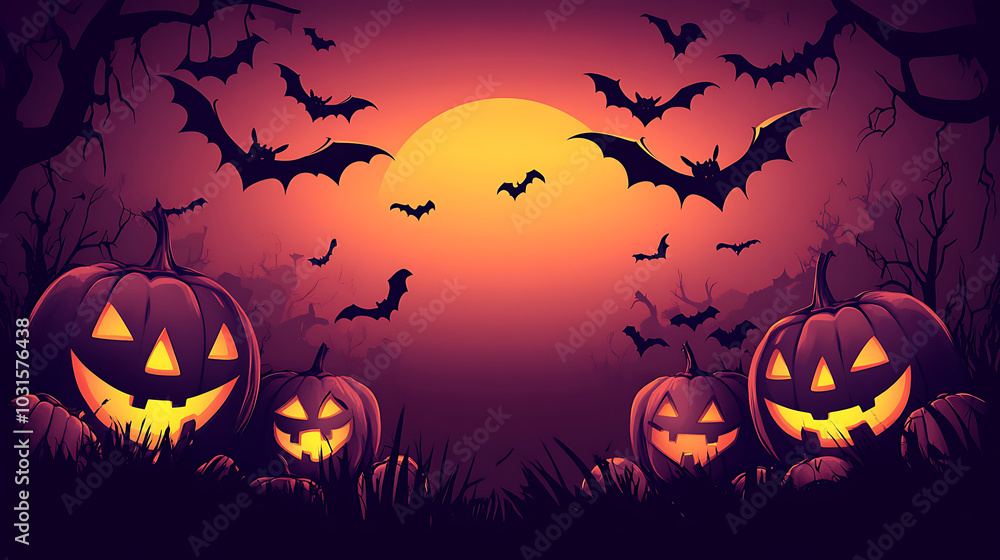 Spooky Halloween scene with glowing pumpkins and flying bats at sunset Spooky Halloween scene with glowing pumpkins and flying bats at sunset
