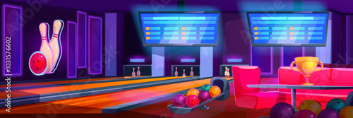 Bowling club interior. Vector cartoon illustration of sports center with balls and pins on alleys, golden cup trophy on table, score screens on wall with neon illumination, leisure championship