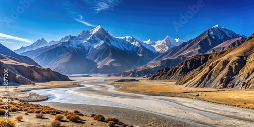 Breathtaking Minimalist View of Kali Gandaki Valley near Tukuche Village on a Sunny Winter Day, Annapurna Circuit, Jomsom Trek, Nepal - Stunning Landscapes and Serene Nature photo