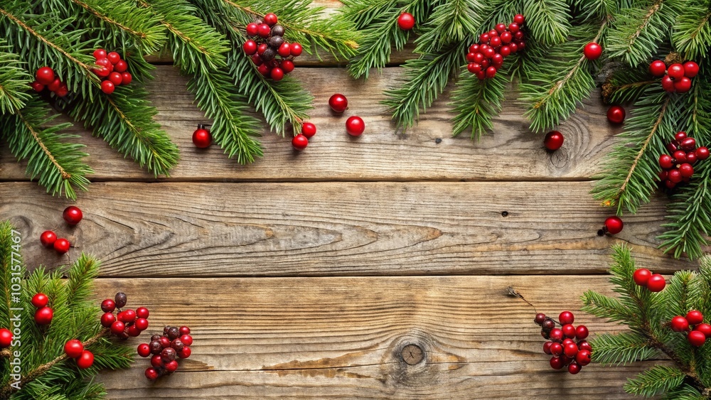 Rustic Christmas Background with Evergreen Pine Branches and Red Berries for Holiday Decor Rustic Christmas Background with Evergreen Pine Branches and Red Berries for Holiday Decor