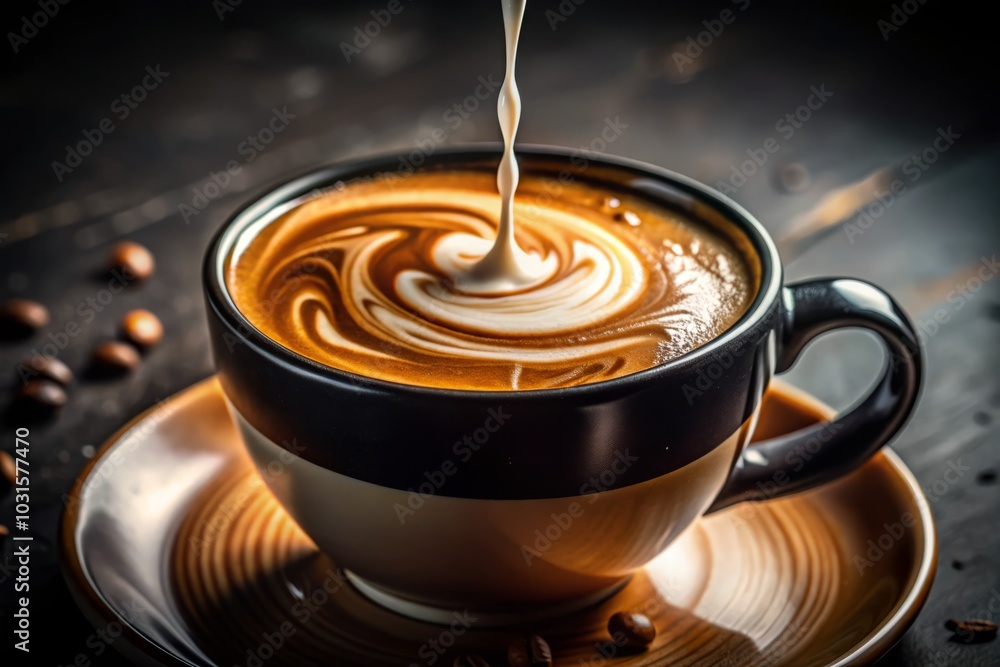 Close-up Panoramic Photography of Black Coffee Mixing with Milk, Capturing Rich Textures, Swirls, and Contrast for Food and Beverage Photography Enthusiasts Close-up Panoramic Photography of Black Coffee Mixing with Milk, Capturing Rich Textures, Swirls, and Contrast for Food and Beverage Photography Enthusiasts