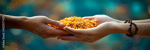 Hands offering golden grains symbolizing generosity, gratitude, and connection, capturing a moment of sharing, unity, and nourishment in a meaningful and heartfelt gesture

 photo