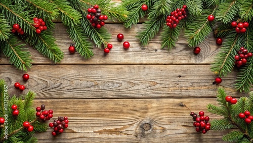 Rustic Christmas Background with Evergreen Pine Branches and Red Berries for Holiday Decor